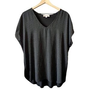 Women's L Philosophy Black Polka-dotted Top Black White V neck Cap Sleeves